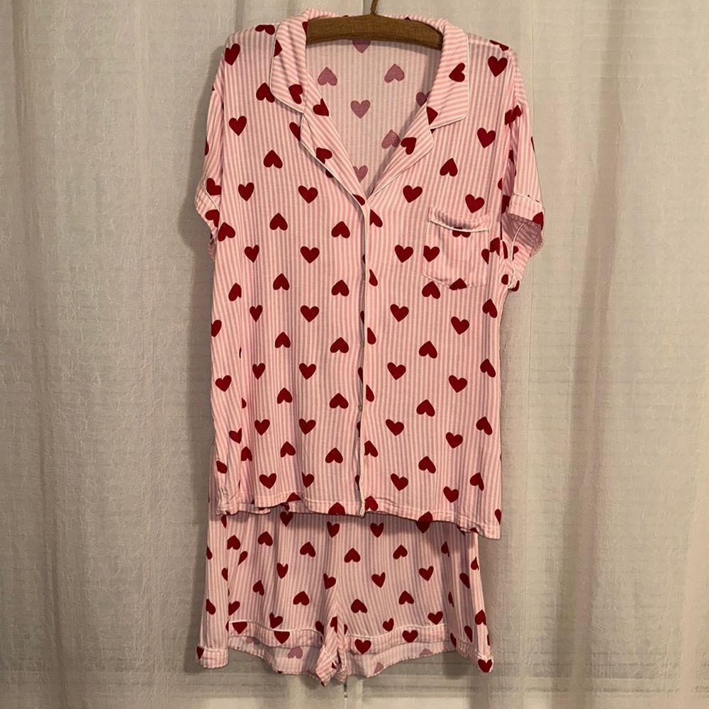 anko 16-18 Pink White Red Romantic Striped Pajama Set Short Sleeve Top & Shorts